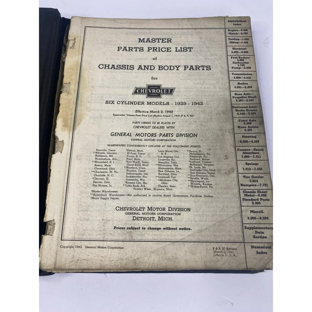 1929-1942 Chevrolet Master Parts Catalog Accessory GM Book Hard Back Binder READ